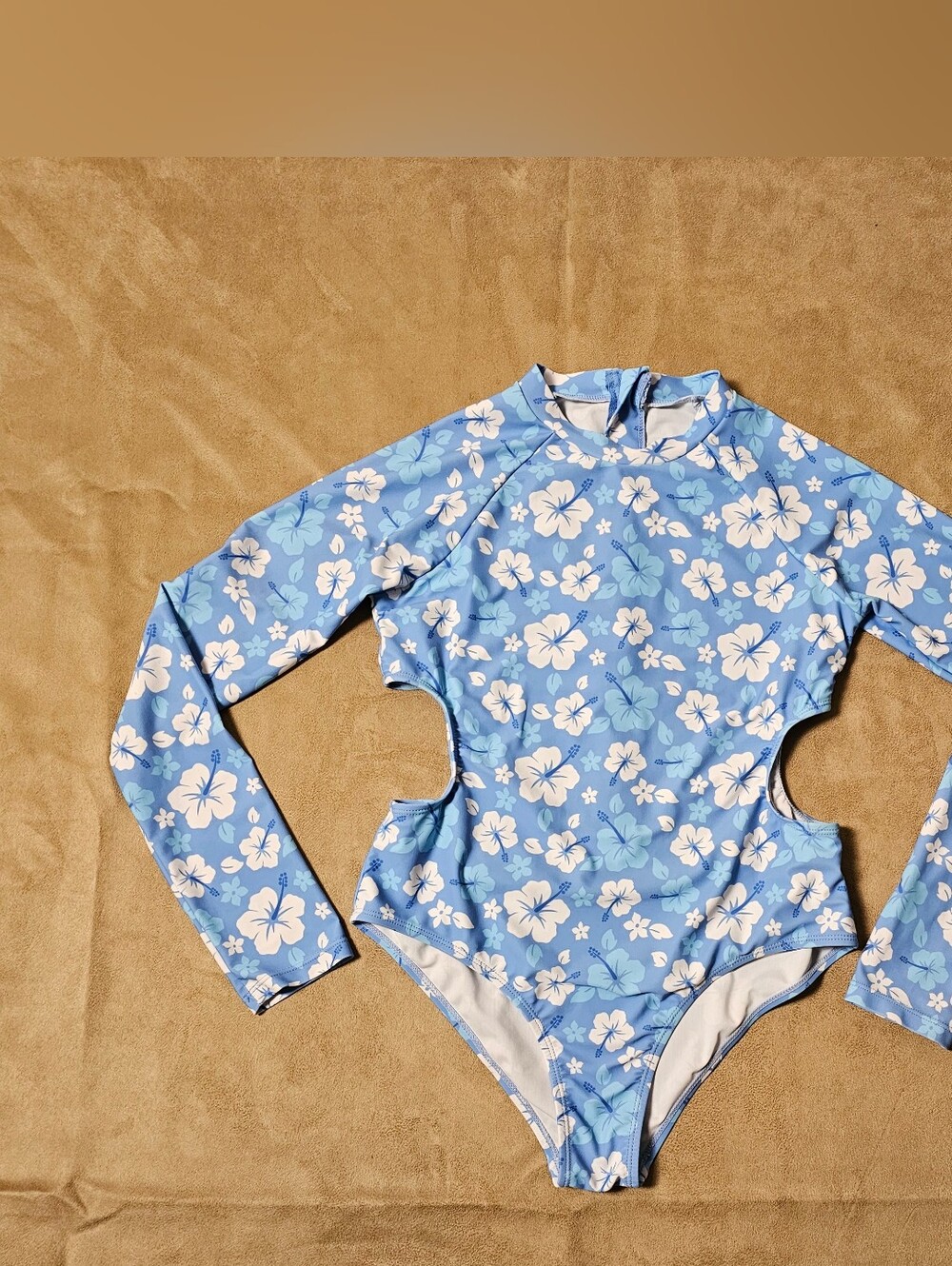 Light Blue Floral Hibiscus Long Sleeve Cutout One-Piece Swimsuit Size L 14/16